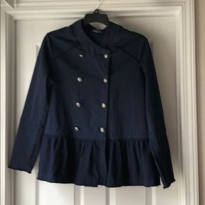 Crown and Ivy Navy Jacket with ruffle trim 1x